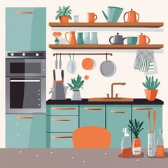 Kitchen with a set of furniture. Modern cozy interior of the kitchen with a table, wardrobe, dishes and household appliances. Flat digital, Generative AI