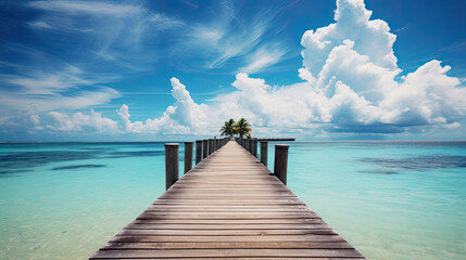 Tropical landscape background, concept for travel and vacation. Wooden pier to an island in ocean against blue sky with white clouds, panoramic view.