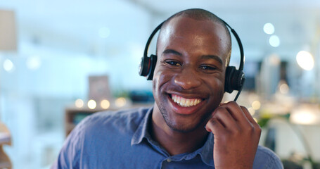 Call center, portrait and black man with smile at desk in office with pride, confidence and success...