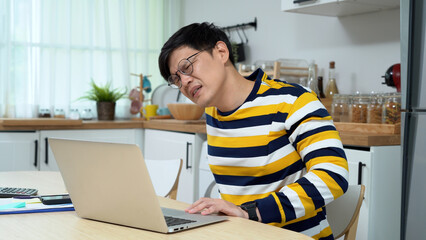 asian business man using laptop Suffering From low back pain working at home office syndrome .