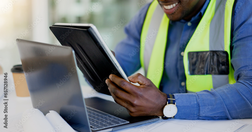 Poster tablet, computer and hands for architecture, planning and blueprint development or building update o