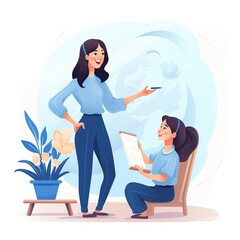 An blue colored vector style illustration on white background of a female teacher teaching a female student with a positive effect on her female role.