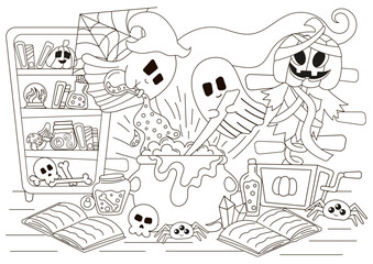 Halloween cozy indoor interior of room with ghost characters boiling potion in cauldron