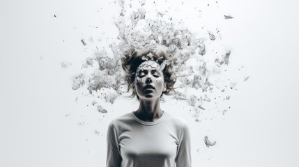 World mental health day concept with woman and projection of thoughts and emotions on white background. Healthy mind, mental health, psychology, emotional intelligence concept - obrazy, fototapety, plakaty