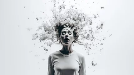 Foto op Canvas World mental health day concept with woman and projection of thoughts and emotions on white background. Healthy mind, mental health, psychology, emotional intelligence concept © irissca