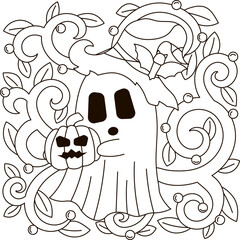 Halloween cozy coloring page with ghost character holding pumpkin with leaves for kids and adults