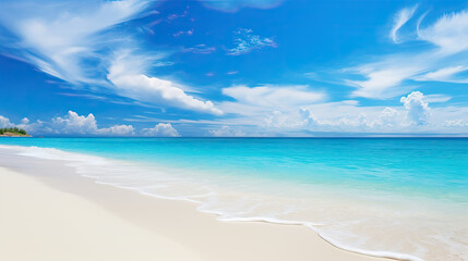 Beautiful sandy beach with white sand and rolling calm wave of turquoise ocean on Sunny day. White clouds in blue sky are reflected in water. Maldives, perfect scenery landscape, copy space