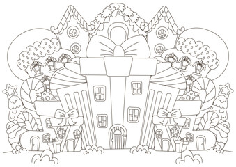 Christmas coloring page with town created from gift shaped houses and Christmas decorations for kids and adults