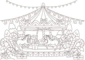 Christmas coloring page with merry-go carousel with christmas decorations and trees for kids and adults