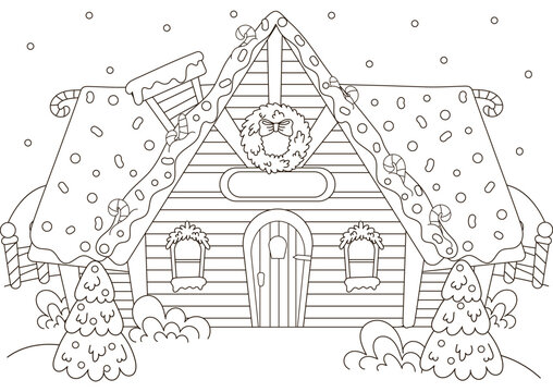 Christmas house coloring page for kids and adults with christmas tree and decorations