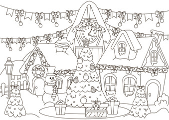 Christmas town with christmas tree and gifts, snowman character and sweets coloring page for kids and adults
