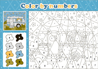 Car themed coloring page by number for kids with cute camping vehicle at night background,