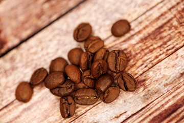 The view from the top of the coffee beans. Coffee beans on the table.
