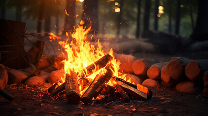 Beautiful bonfire with burning firewood in forest 