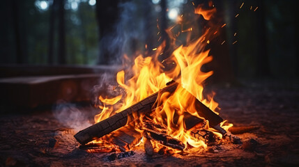 Beautiful bonfire with burning firewood in forest 