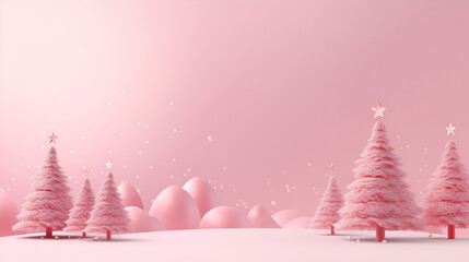 Christmas and New Year minimalism monochrome background in pastel pink colors. Pink Christmas trees in a snowy forest and Christmas pink decorations on a light background with copy space for text.
