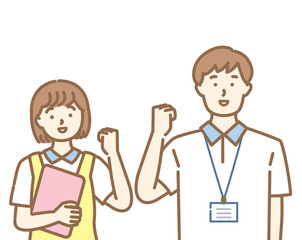 介護スタッフの男女がガッツポーズをするイラスト素材