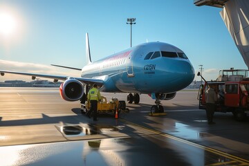 Fototapeta na wymiar An airplane's refueling process at an airport.