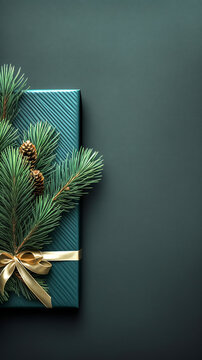Christmas and New Year holiday background. Xmas greeting card. Festive gift box with gold ribbon and fir branch on dark background. Flat lay style, copy space, vertical image.