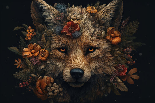 Fox head with flowers and leaves on black background. Digital painting.