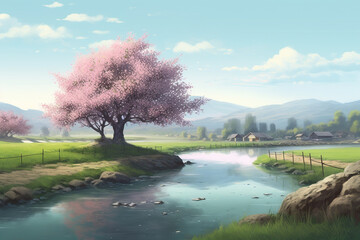Beautiful spring landscape with blooming tree and lake. Digital illustration.
