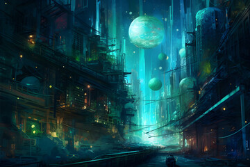 A futuristic city at night with many moons in the sky
