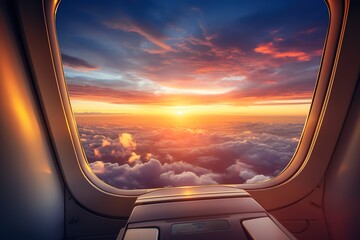 Airplane interior with window view - obrazy, fototapety, plakaty