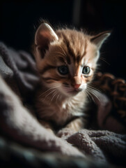 A small kitten sitting on top of a blanket