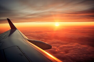 Beautiful sunset, sky on the top view city, airplane flying view from inside window aircraft of Traveling.
