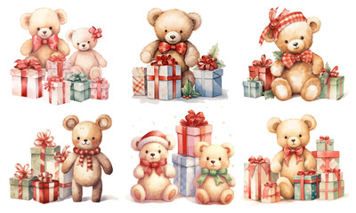 set of watercolor teddy bears with pile of christmas gifts vectors