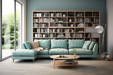 modern interior design, aqua sofa color, gray book shelf, lite brown floor
