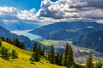 Beautiful Lake Thun and Lake Brienz view from Schynige Platte trail in Bernese Oberland, Canton of...