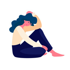 Apathetic exhausted woman with low energy, exhaustion. Apathy, psychology concept. Fatigue tired unmotivated girl. Burnout, tiredness, crisis. Isolated vector illustration