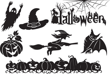 festive halloween elements set, ghost, witch, hat, bat, pumpkin, happy Halloween, terror, spooky, fear, suspense
