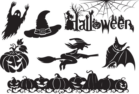 festive halloween elements set, ghost, witch, hat, bat, pumpkin, happy Halloween, terror, spooky, fear, suspense