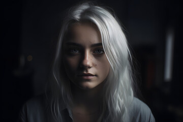 A woman with white hair and blue eyes on a dark room