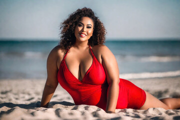 Happy sexy curvy plus size model in a red one-piece swimsuit on the beach, fat busty chubby woman resting at the sea on summer holidays - obrazy, fototapety, plakaty
