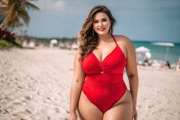 Happy sexy curvy plus size model in a red one-piece swimsuit on the beach, fat busty chubby woman resting at the sea on summer holidays - obrazy, fototapety, plakaty