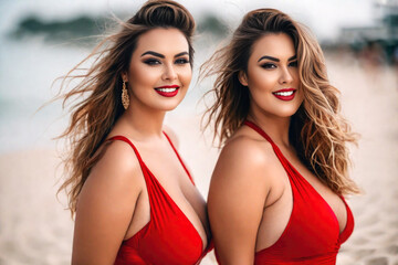 Two happy sexy curvy plus size models in a red swimsuit on the beach, fat busty chubby women resting at the sea on summer holidays - obrazy, fototapety, plakaty