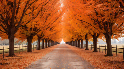 Autumn trees lining driveway - obrazy, fototapety, plakaty