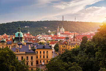 Charles Bridge sunset view of the Old Town pier architecture, Charles Bridge over Vltava river in...