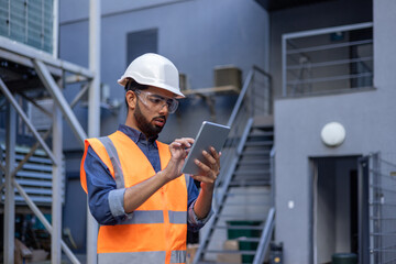 Serious thinking and focused engineer working in factory in hard hat and vest, man using tablet...