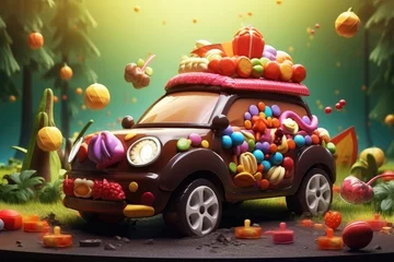 Poster Candy land. Car made out of chocolate and candy. Sweet and magical world with candy and sweets © pilipphoto