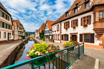 Fototapeta na wymiar Wissembourg (Weißenburg) town in Alsace area, France. Historic Center of Wissembourg, Alsace, France. The picturesque city of Wissembourg in Bas Rhin, Alsace, France.
