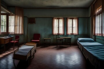 a living room for two people in an Soviet sanatorium - AI Generative - obrazy, fototapety, plakaty