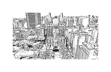 Building view with landmark of Sao Paulo is the city in Brazil. Hand drawn sketch illustration in vector.