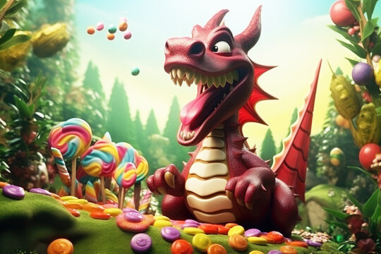 Candy land. Dragon made out of chocolate and candy. Sweet and magical world with candy and sweets