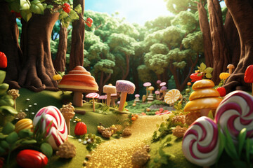 Candy land forest, sweet and magical world with candy and sweets - obrazy, fototapety, plakaty