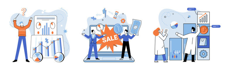 Promotion discount sale. Vector illustration. Flash sale online, sudden downpour in desert of regular prices Sales index, measuring scale of market dynamics Forecast of future sales, beacon of light