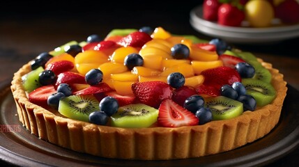 a dazzling fruit tart, with a buttery crust holding a vibrant mosaic of freshly sliced fruits like strawberries, kiwis, blueberries, and peaches, glazed to perfection